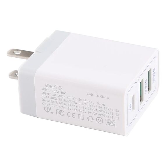3A Max Output USB-PD + Dual QC3.0 USB Ports Caricabatterie rapido da viaggio, spina USA