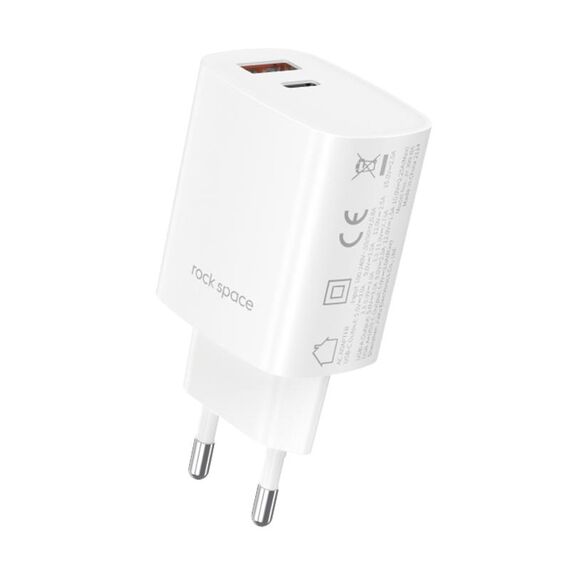 Rock T51 30W Type-C / USB-C + USB PD Dual Porte Caricatore di ricarica veloce Caricabatterie da viaggio Adattatore di alimentazione, spina UE (bianco)