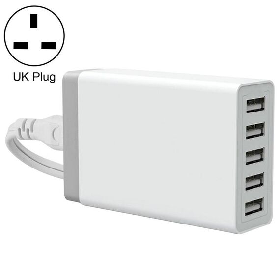 XBX09 40W 5V 8A 5 Porte USB Caricabatterie da viaggio per caricatore rapido, tappo Regno Unito (bianco)
