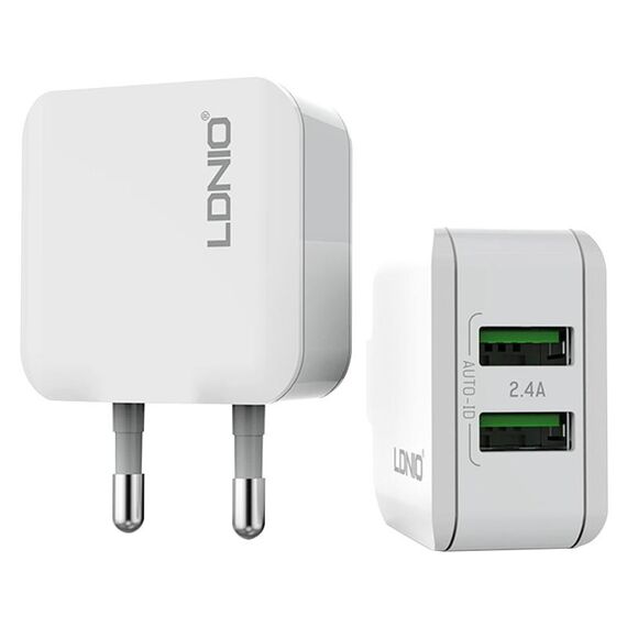 LDNIO A2201 2.4A Doppia testina di ricarica USB Caricabatteria da viaggio per caricatore adattatore per telefono cellulare con cavo dati di tipo C (spina europea)