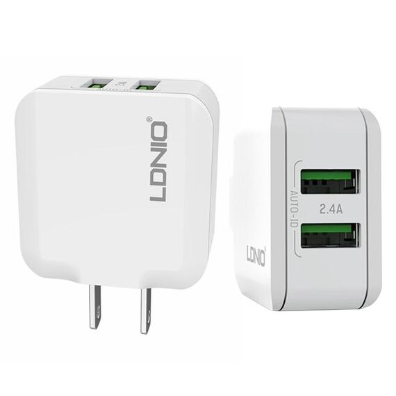LDNIO A2201 2.4A Doppia testina di ricarica USB Caricatore adattatore per telefono cellulare a carica diretta da viaggio con cavo dati di tipo C (spina americana)