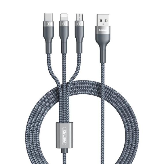REMAX RC-070TH 1.2m 2A 3 in 1 Cavo di ricarica da USB a 8 pin e USB-C / Type-C e Micro USB (argento)