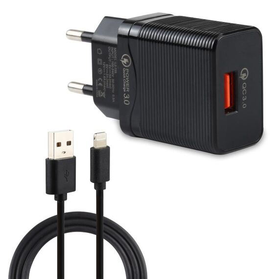 LZ-728 2 in 1 caricabatterie da viaggio con interfaccia USB QC 3.0 da 18 W + set di cavi dati da USB a 8 pin, spina europea, lunghezza cavo: 1 m (nero)
