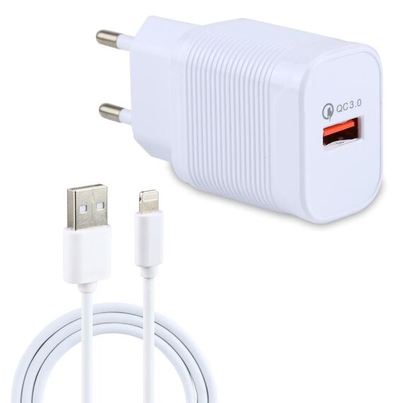 LZ-728 2 in 1 caricabatterie da viaggio con interfaccia USB QC 3.0 da 18 W + set di cavi dati da USB a 8 pin, spina europea, lunghezza cavo: 1 m (bianco)
