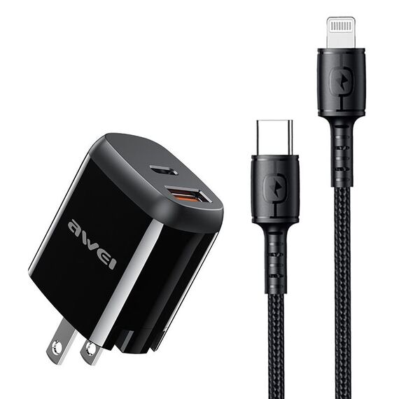 AWEI PD3 20W PD Type-C + QC 3.0 Interfaccia USB Caricabatterie da viaggio veloce con cavo dati, spina USA