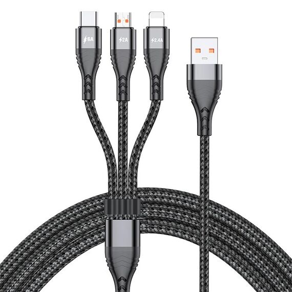 ADC-138 66W 3 in 1 USB a 8 PIN + Micro USB + USB-C / Type-C Cavo dati intrecciato a ricarica rapida, lunghezza del cavo: 1,2 m (nero)