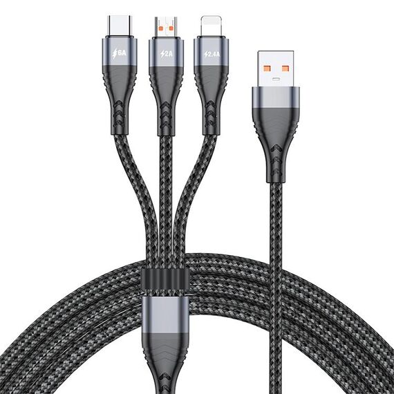 ADC-138 66W 3 in 1 USB a 8 PIN + Micro USB + USB-C / Type-C Cavo dati intrecciato a ricarica rapida, lunghezza del cavo: 1,2 m (grigio)