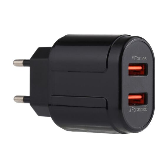 Caricabatterie da viaggio con doppia porta USB LZ-022 5V 2.4A, spina europea (nero)