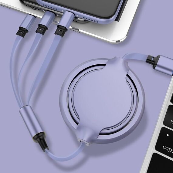 3.5A Liquid Silicone 3 in 1 USB a USB-C / Type-C + 8Pin + Micro USB Cavo di ricarica per sincronizzazione dati retrattile (viola)