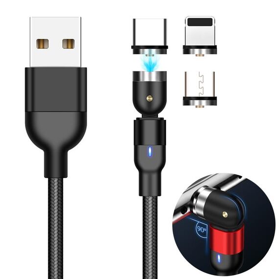 2m 2A Uscita 3 in 1 USB a 8 pin + USB-C / Type-C + Micro USB Cavo di ricarica magnetico con rotazione intrecciata in nylon (nero)