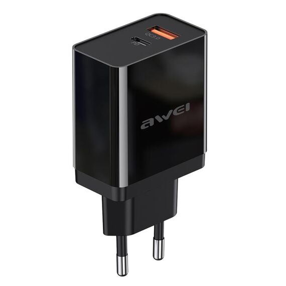 AWEI C-980 18W PD USB-C / TYPE-C + QC 3.0 Interfaccia USB Caricabatterie da viaggio a ricarica veloce, spina UE (nero)