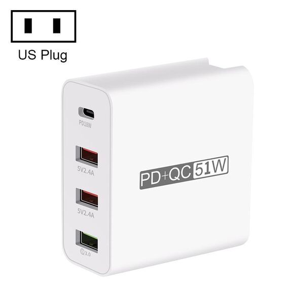 WLX-A6 Adattatore di alimentazione per caricabatterie da viaggio USB a ricarica rapida a 4 porte, spina USA