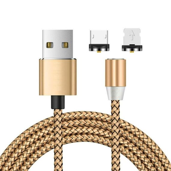 Cavo di ricarica intrecciato in nylon con interfaccia magnetica in metallo 2 in 1 da USB a 8 pin + micro USB, lunghezza: 1 m (oro)