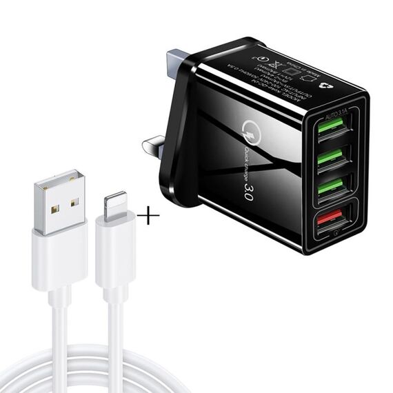 2 in 1 Cavo dati da USB a 8 pin da 1 m + 30 W QC 3.0 4 interfacce USB Telefono cellulare Tablet PC Caricabatterie rapido universale Set caricabatterie da viaggio, spina UK (nero)