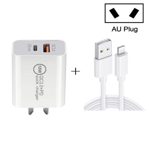 SDC-18W 18W PD 3.0 Type-C / USB-C + QC 3.0 USB Dual Fast Charging Caricabatterie da viaggio universale con USB a 8 PIN Cavo di ricarica rapido Cavo di ricarica, Plug AU