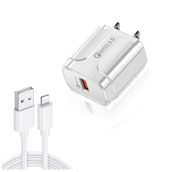 LZ-023 Caricabatteria da viaggio portatile USB QC 3.0 da 18 W + cavo dati da USB a 8 pin da 3 A, spina americana (bianco)