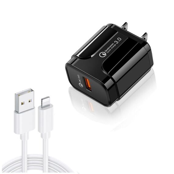LZ-023 Caricatore da viaggio portatile USB QC 3.0 da 18 W + cavo dati da 3A USB a 8 pin, spina americana (nero)