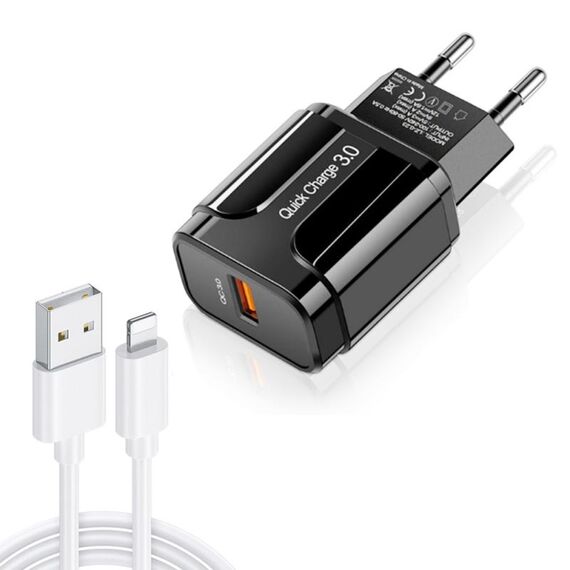 LZ-023 Caricabatterie da viaggio portatile USB QC 3.0 da 18 W + cavo dati da 3A USB a 8 pin, spina europea (nero)