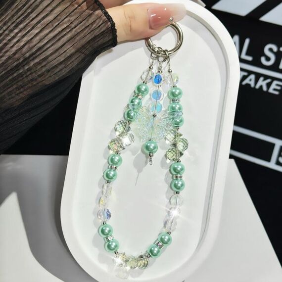 Catena per cellulare con perle a farfalla in cristallo tricolore (verde)