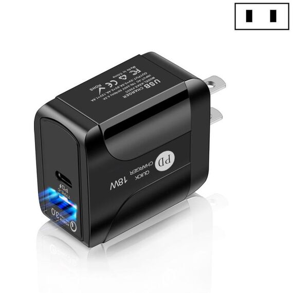 Adattatore di alimentazione per caricabatterie da viaggio a ricarica rapida PD + QC 3.0 da 18 W con funzione di indicazione LED (spina americana nera)