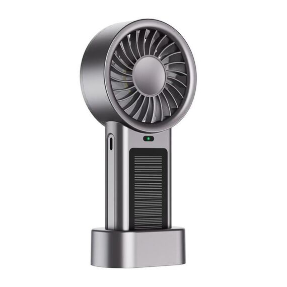 Ventilatore portatile e da tavolo alimentato ad energia solare con 12 pale turbo a 5 velocità e ricarica rapida USB Type-C (metallico)