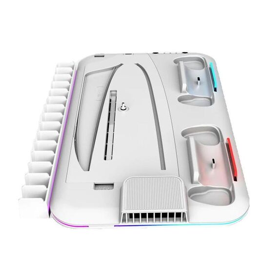 Supporto di raffreddamento multifunzionale per PS5 Slim/Pro con stazione di ricarica per controller e supporto per dischi di gioco (bianco)