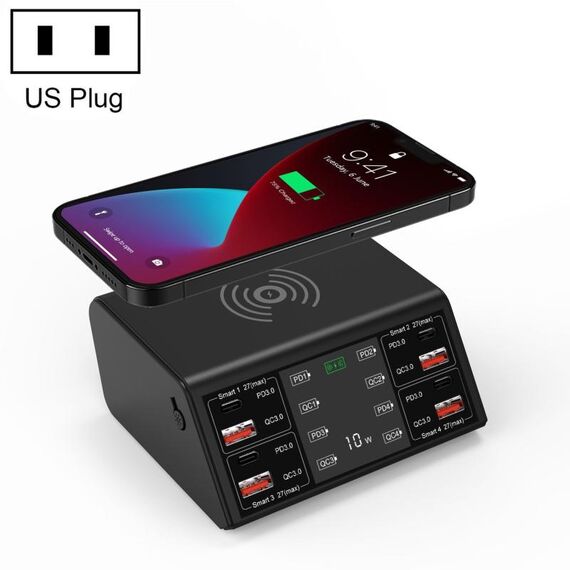 838W 9 in 1 100W 4 PD 3.0 USB-C / TYPE-C + 4 PORTE USB 3.0 USB Smart Display digitale Caricabatterie wireless, spina USA (nero)