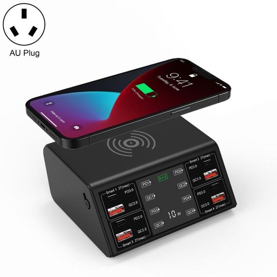 838W 9 in 1 100W 4 PD 3.0 USB-C / Type-C + 4 QC 3.0 Porte USB Caricatore wireless Digital Display Digital, Plug AU (Black)