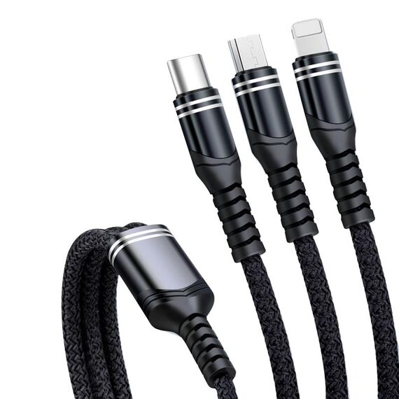 6a 66w 3 in 1 da USB a 8 pin + micro USB + USB-C / tipo CAVO di dati intrecciato di ricarica (nero)