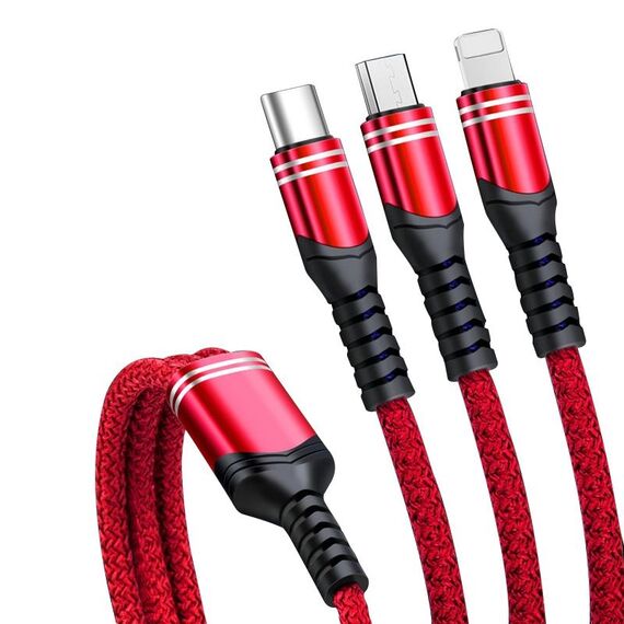 6A 66W 3 in 1 da USB a 8 pin + micro USB + USB-C / tipo CAVO DI CRADINA DI CHARMAGGIO (RED)