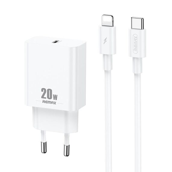 Caricabatterie REMAX RP-U5 Extreme 2 Series 20W PD + Set di cavi dati di ricarica rapida da USB-C / da tipo C a 8 pin da 1 m, Specifica: Spina UE (bianco)