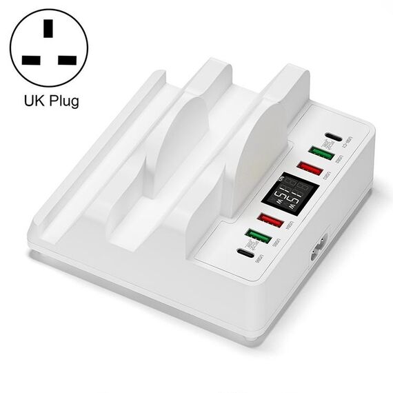Caricabatterie a doppio wireless multifunzionale F6 con supporto per telefono e display corrente, tappo del Regno Unito