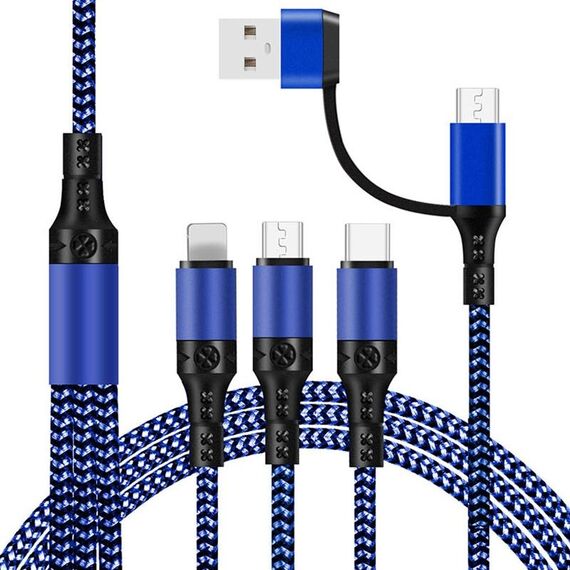 5 in 1 3A USB + USB-C / TYPE-C a 8 PIN + MICRO USB + USB-C / Type-C Interfaccia a due colori Cavo di ricarica rapido intrecciato a due colori, lunghezza del cavo: 1,2 m (blu)