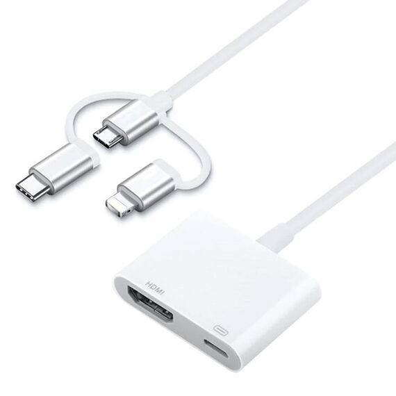 A18 Pro 3 in 1 8 pin + Type-C + Micro USB a HDMI + adattatore AV digitale a 8 pin (bianco)