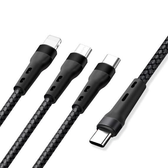 Cavo dati di ricarica da 100 W 6A da tipo C a 8 pin + tipo C + micro USB, 1,3 m (nero)