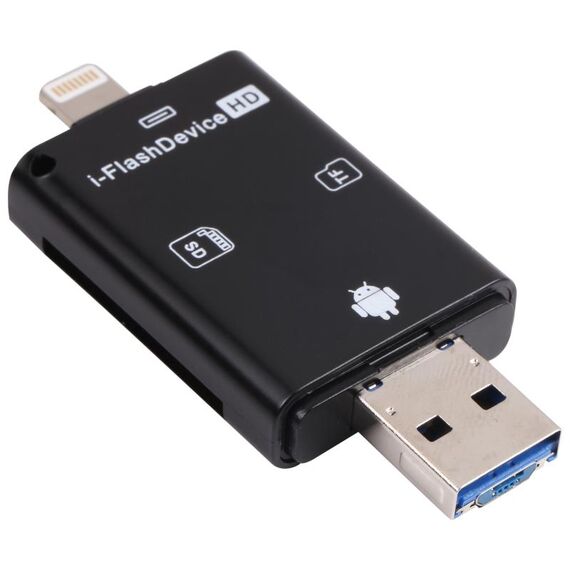NK-208 3 IN 1 I-Flash TF Card / SD Lettore di schede per 8 Pin + USB 2.0 + Micro USB Dispositivi (Nero)