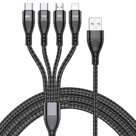 4 in 1 66W 6A USB a 8 PIN + Micro USB + Dual USB-C / Type-C Cavo di ricarica rapido Ricarica, Durata del cavo: 1,2 m (nero)