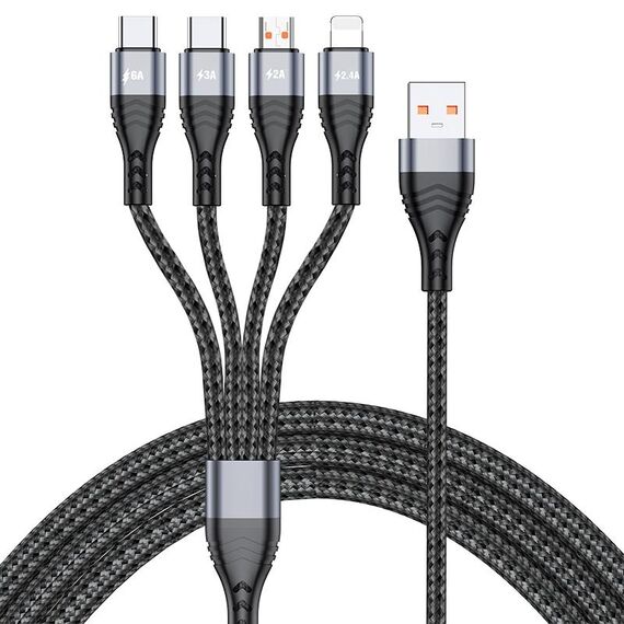 4 in 1 66W 6A USB a 8 PIN + MICRO USB + DUAL USB-C / TYPE-C Cavo di ricarica rapido Cavo di ricarica rapido, lunghezza del cavo: 2m (grigio)