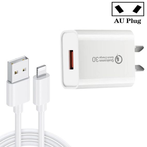 CA-25 QC3.0 USB 3A Caricabatterie veloce con cavo dati USB a 8 PIN, plug AU (bianco)