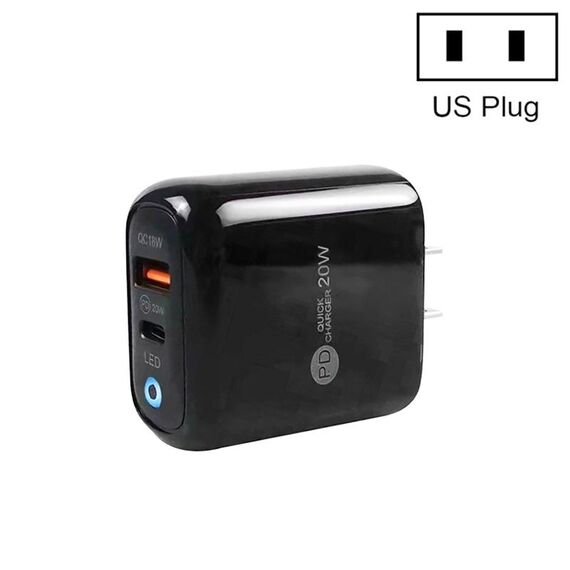PD04 PD20W Type-C + QC18W USB Caricabatteria per telefono cellulare con indicatore LED, spina americana (nero)