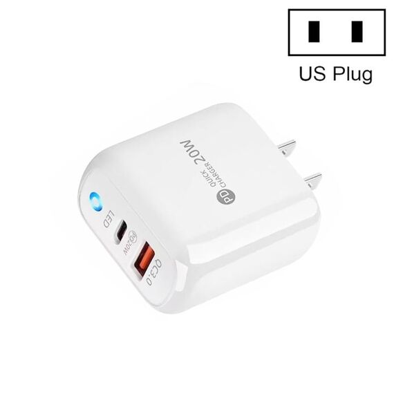 PD04 PD20W Type-C + QC18W USB Caricabatteria per telefono cellulare con indicatore LED, spina americana (bianco)