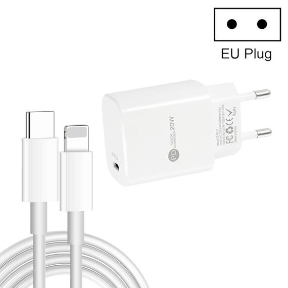 PD11 Singolo caricabatterie rapido PD3.0 USB-C / Type-C da 20 W con cavo dati da 1 m da tipo C a 8 pin, spina europea (bianco)