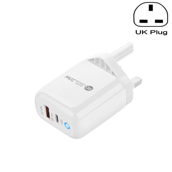 PD04 PD20W Type-C + QC18W USB Caricabatteria per telefono cellulare con indicatore LED, spina UK (bianco)