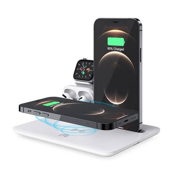 HQ-UD17 4 in 1 Porta del telefono caricatore wireless Base di ricarica per smartphone, iWatch, AirPods (White)