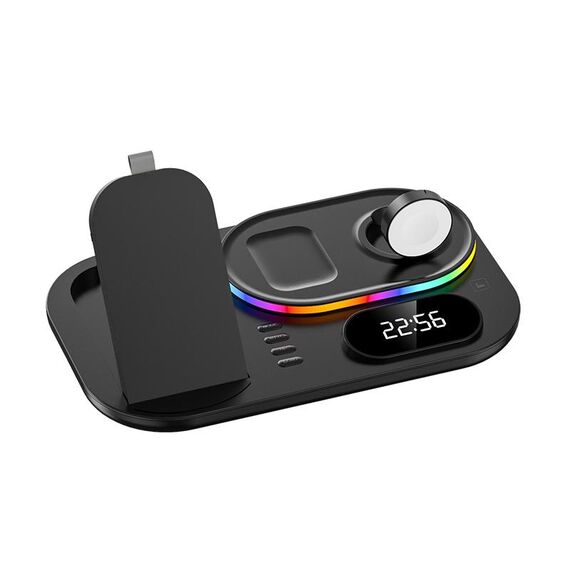 A06 3 in 1 Caricatore wireless Caricamento rapido Atmosfera RGB con orologio per smartphone e iwatch e airpods (nero)