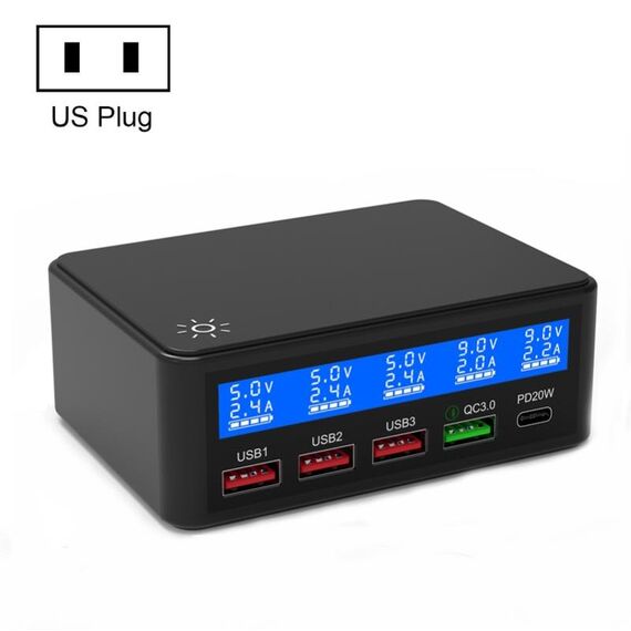 618 QC3.0 + PD20W + 3 x Caricabatterie USB Porta USB con display LCD intelligente, spina USB (nero)