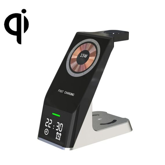H27 15W 6 in 1 con funzione orologio Caricabatterie wireless per telefono magnetico per iWatch/AirPods (nero)