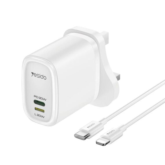 Yesido YC43 PD 20W USB-C / Type-C + Caricatore da viaggio a 8 pin con cavo da 1 m Type-C a 8 pin, spina UK (bianco)