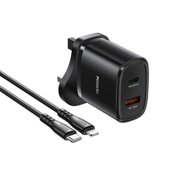Yesido YC46 PD20W USB-C / Type-C + Caricatore da viaggio USB con cavo da 1 m Type-C a 8 pin, spina UK (nero)
