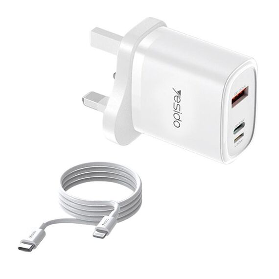 Yesido YC51 Caricatore da viaggio USB-C/Type-C + USB + 8 pin da 30 W con cavo da Type-C a 8 pin da 1 m, spina UK (bianco)